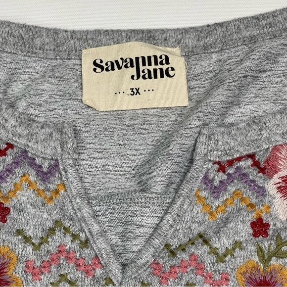 Savanna Jane Sweatshirt Top Long Sleeve Grey Embroidered Floral Western Boho 3X - Picture 12 of 13